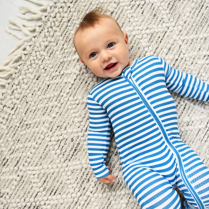 Gigi and Max - Wholesale Jumpsuit - Baby - Cooper Blue Ribbed ZIP Bamboo Striped One Piece 2-Way Zipper3