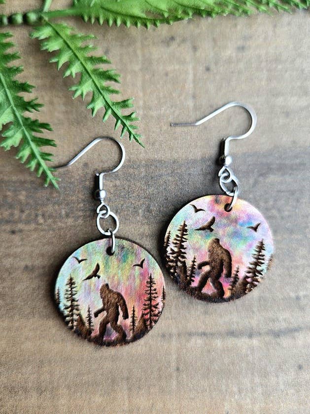 Bigfoot Engraved Wood Earrings or Necklace for wholesale by Mabel's Way