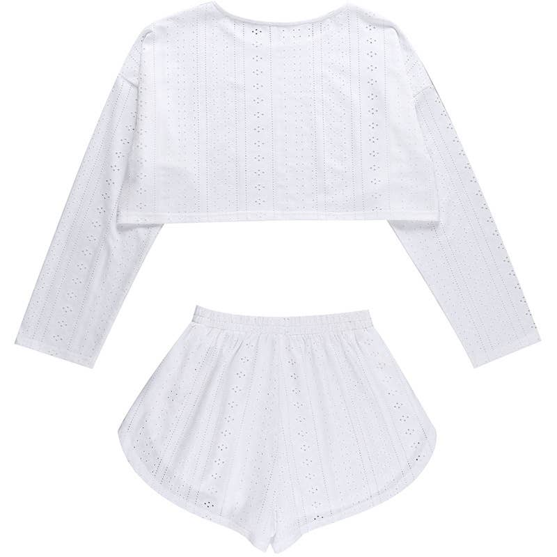 Rosa Clothing - Wholesale Lounge Set - Women's - Eyelet basic long sleeve overfit loose tee lounge shorts set13