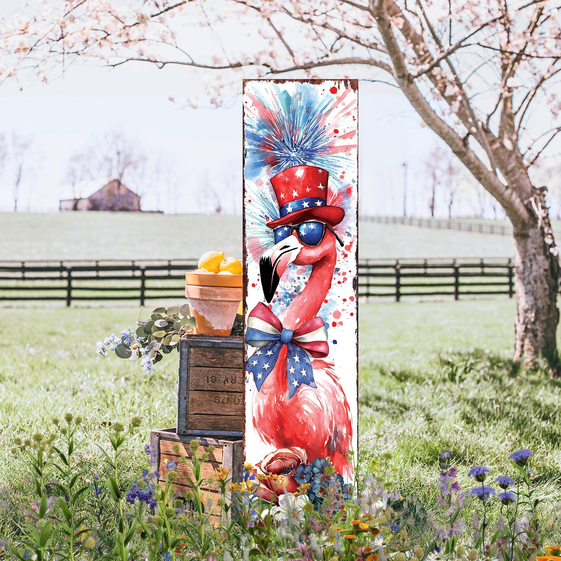 TX USA Corporation - Wholesale Outdoor Sign - Whimsical 4th of July Porch Sign - Patriotic Flamingo & Fireworks Decor4