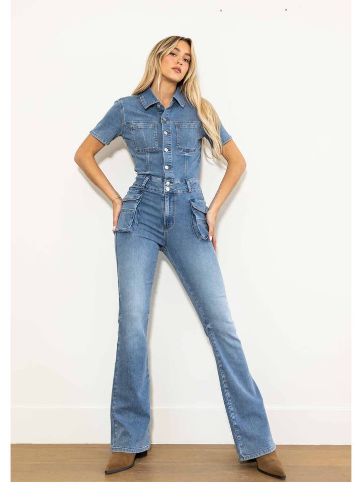 Medium Stone Out Of The Wild Cargo Denim Jumpsuit for wholesale on Faire1