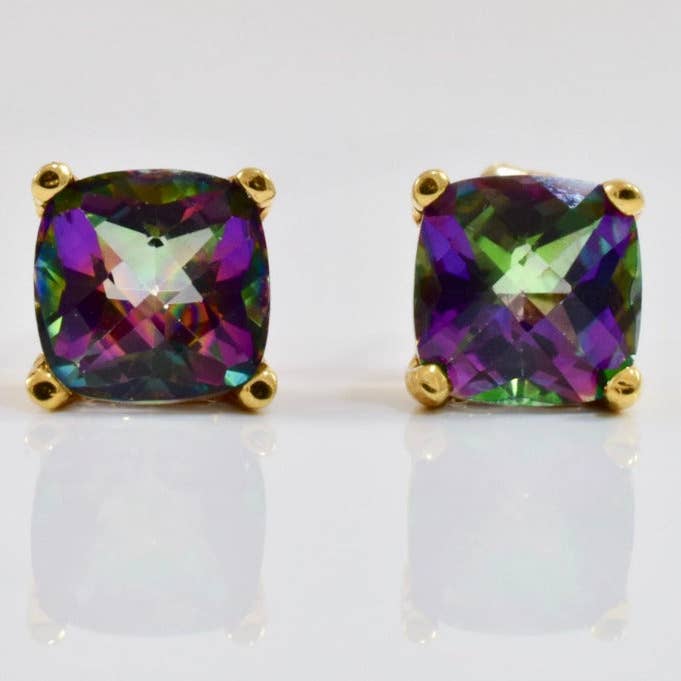 Ohrstecker aus 10-karätigem Gelbgold, vergoldet, 3 Karat, quadratisch, künstlicher Mystischer Topas für den Großhandel von Paris Jewelry