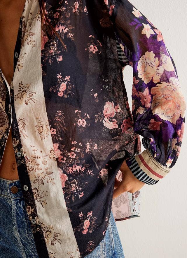 Rosa Clothing - Wholesale Button Down Shirt - Women's - Bohemia chic vibe Floral patchwork print button-up shirt12