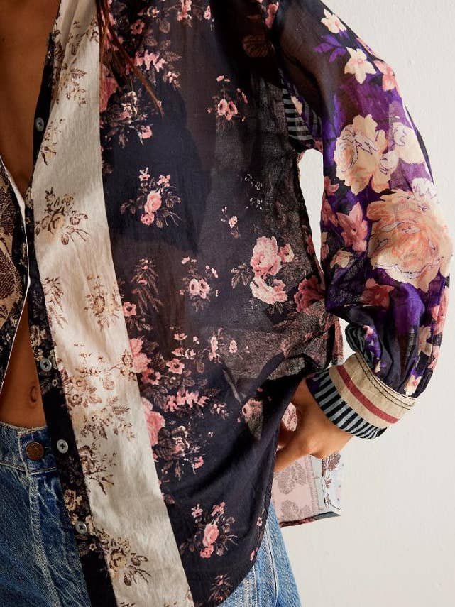 Rosa Clothing - Wholesale Button Down Shirt - Women's - Bohemia chic vibe Floral patchwork print button-up shirt12