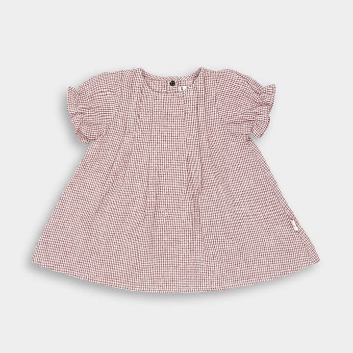 Abito a maniche corte in lino - Rust Micro Gingham per la vendita all'ingrosso da parte di Lillies Dream