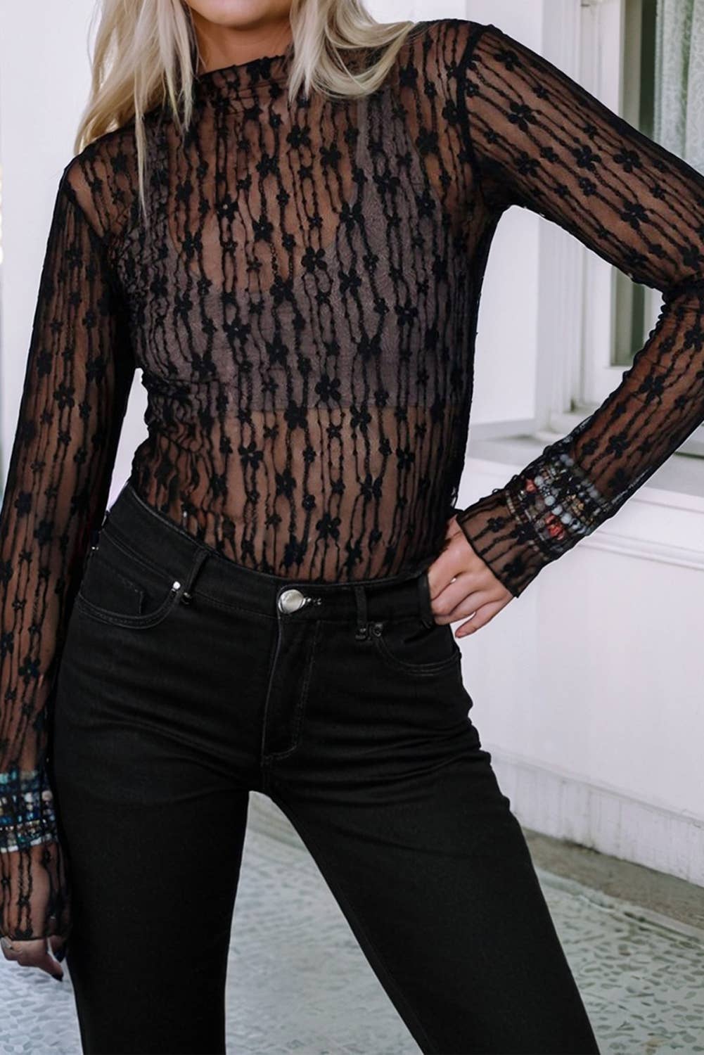 Little Daisy Closet - Wholesale Blouse - Women's -  LDC Sheer Floral Lace Long Sleeve Slim Fit Top6