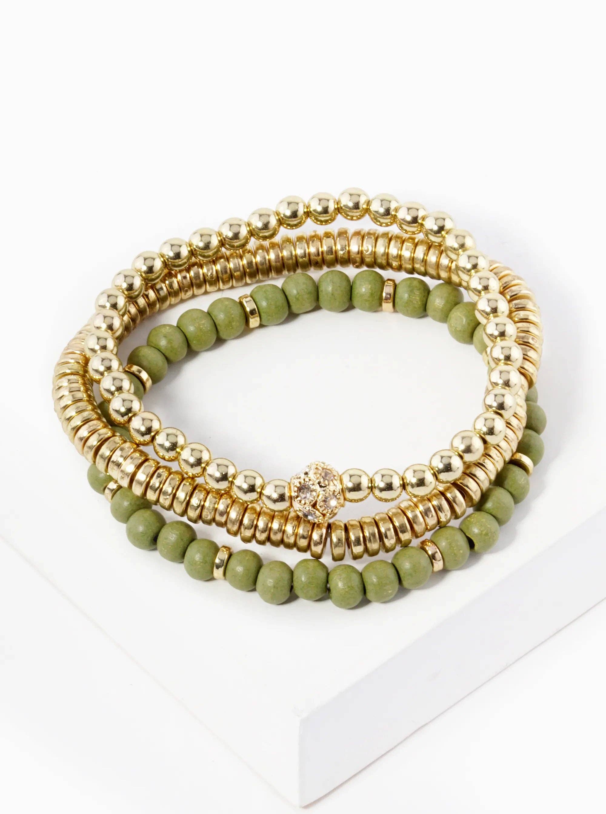 Wild Honey - Wholesale Jewelry Set - Set Of 3 Wood And Metallic Bead Stackable Stretch Bracelet0