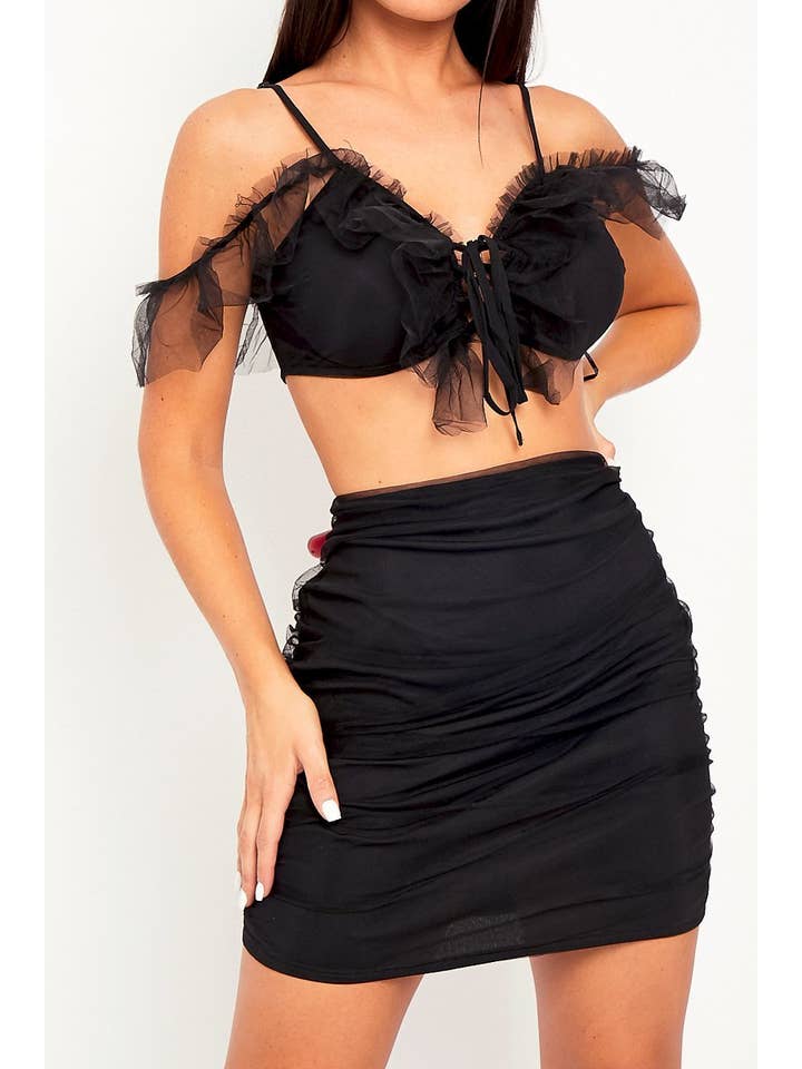 Black Mesh Frill Crop Top + Skirt Co-ord - Pansy for wholesale on Faire