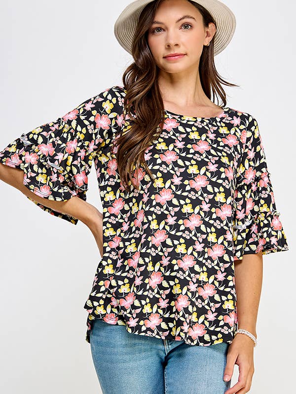 Haut en tricot fleuri à manches cloches et volanté pour la vente par Melon Fashion