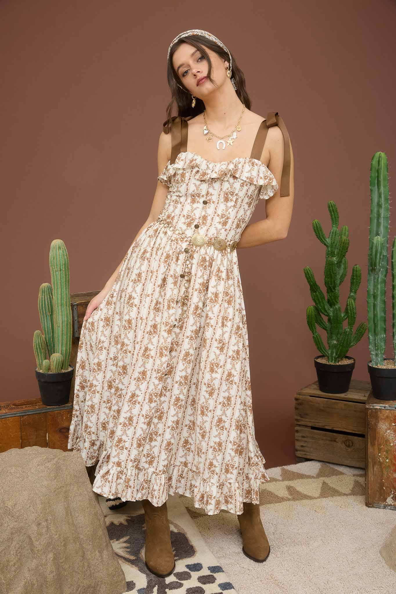 Blu Pepper - Wholesale Dress - Women's - STRIPE FLORAL RUFFLE DETAIL BUTTON DOWN MIDI DRESS13