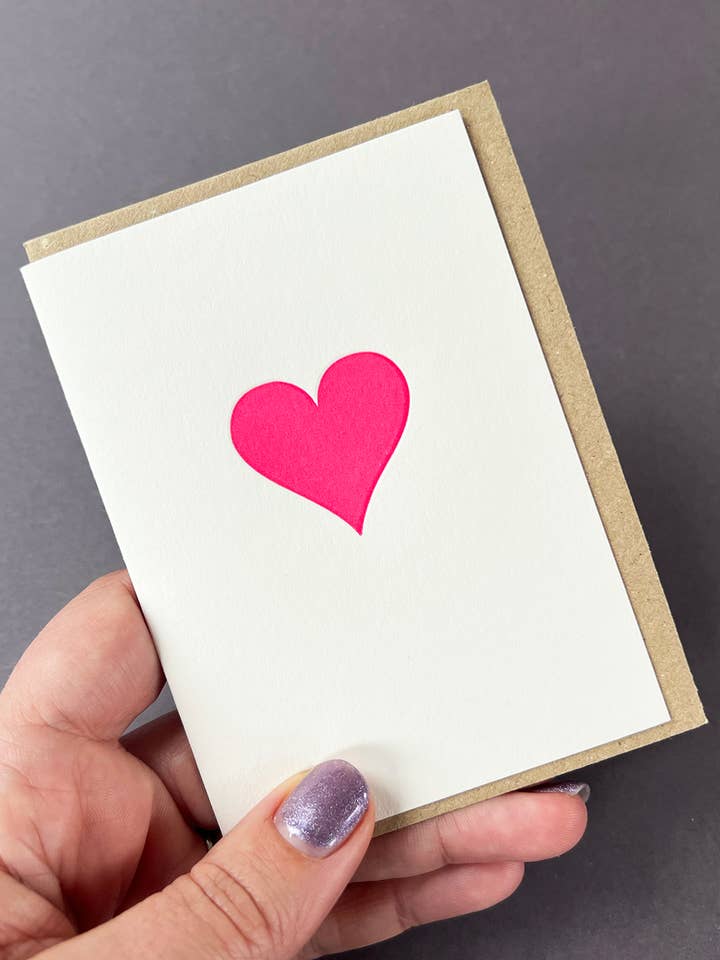 Neon Pink Heart Letterpress Card | Heart Notecard for wholesale by Penguin Ink