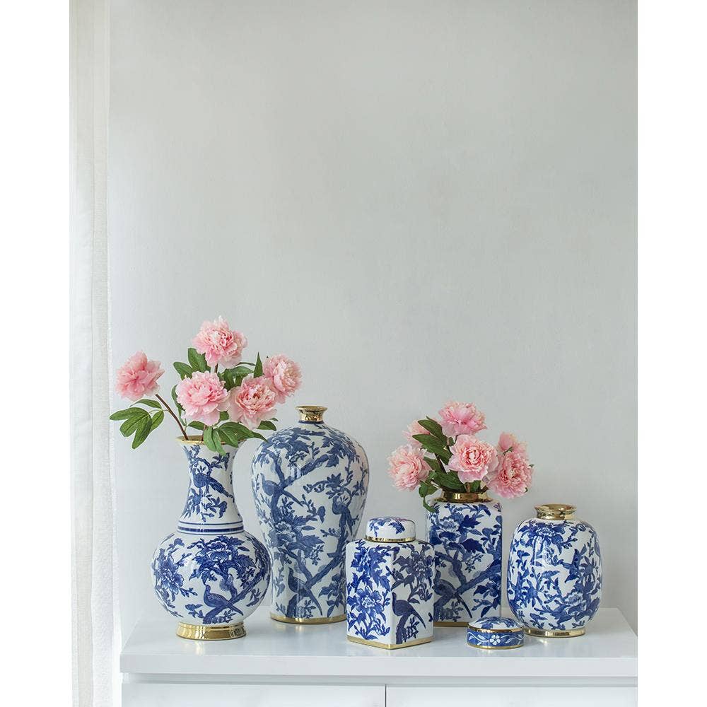 A&B Home Group Inc. - Wholesale Vase - D7.5x10.5" Blue & White Chinoiserie Vase w/ Gold Accents5