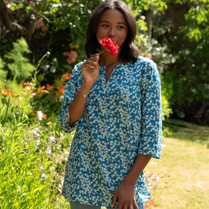 Tunic made with Liberty Fabric: Teal Mitsi for wholesale by Lime Tree Design