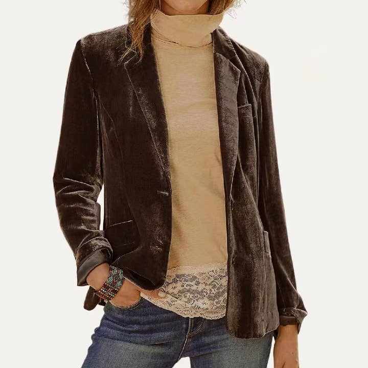 The Moment Collection - Wholesale Blazer - Women's - Classic Solid Velvet Collared Neck Long Sleeve Button Blazer