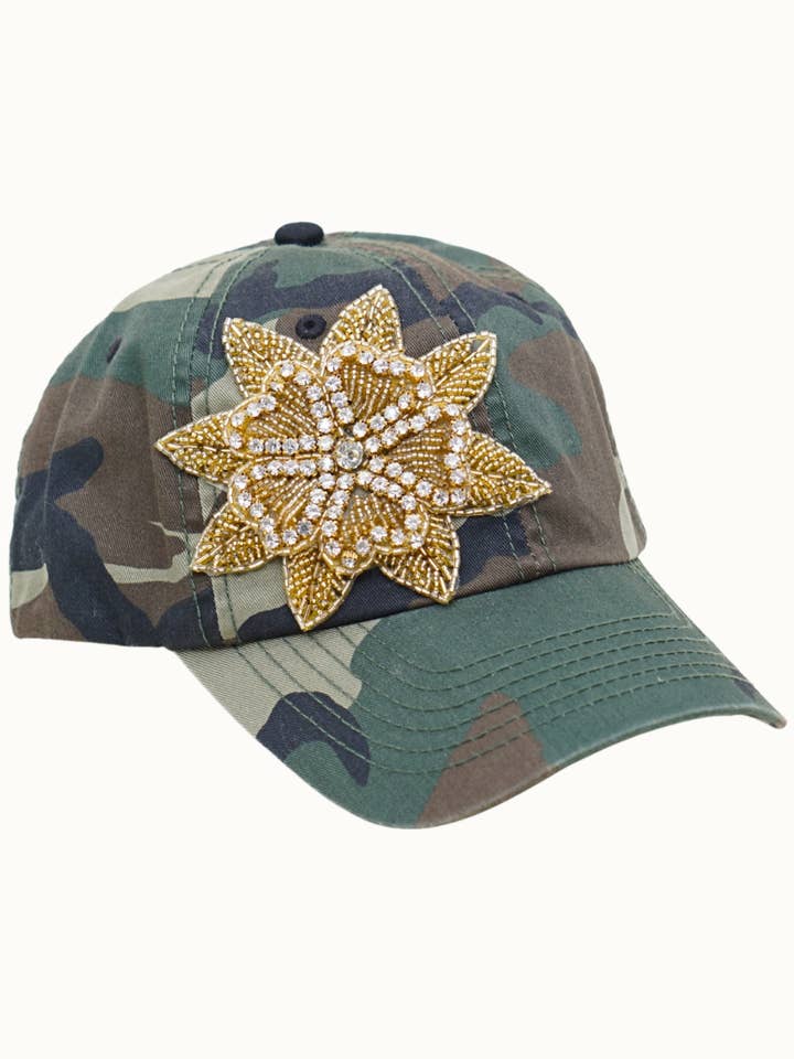 Gold Floral Bejeweled Glitz Enzyme Washed Camouflage Cap for wholesale by Olive & Pique
