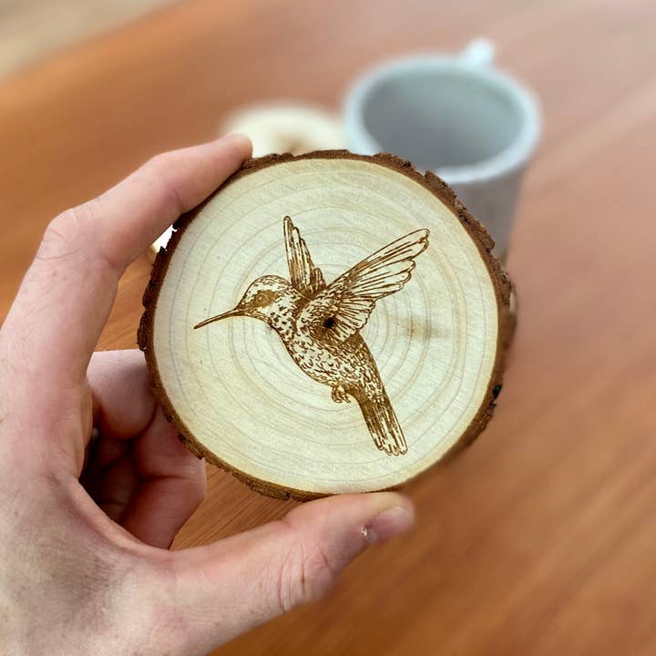Munsell Made - Wholesale Coasters - Engraved Wood Hummingbird Coasters