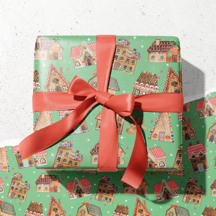 KelseyMDesigns - Vendita all'ingrosso Rotoli di carta da regalo - Carta da regalo natalizia Gingerbread House, rotolo da 3 fogli