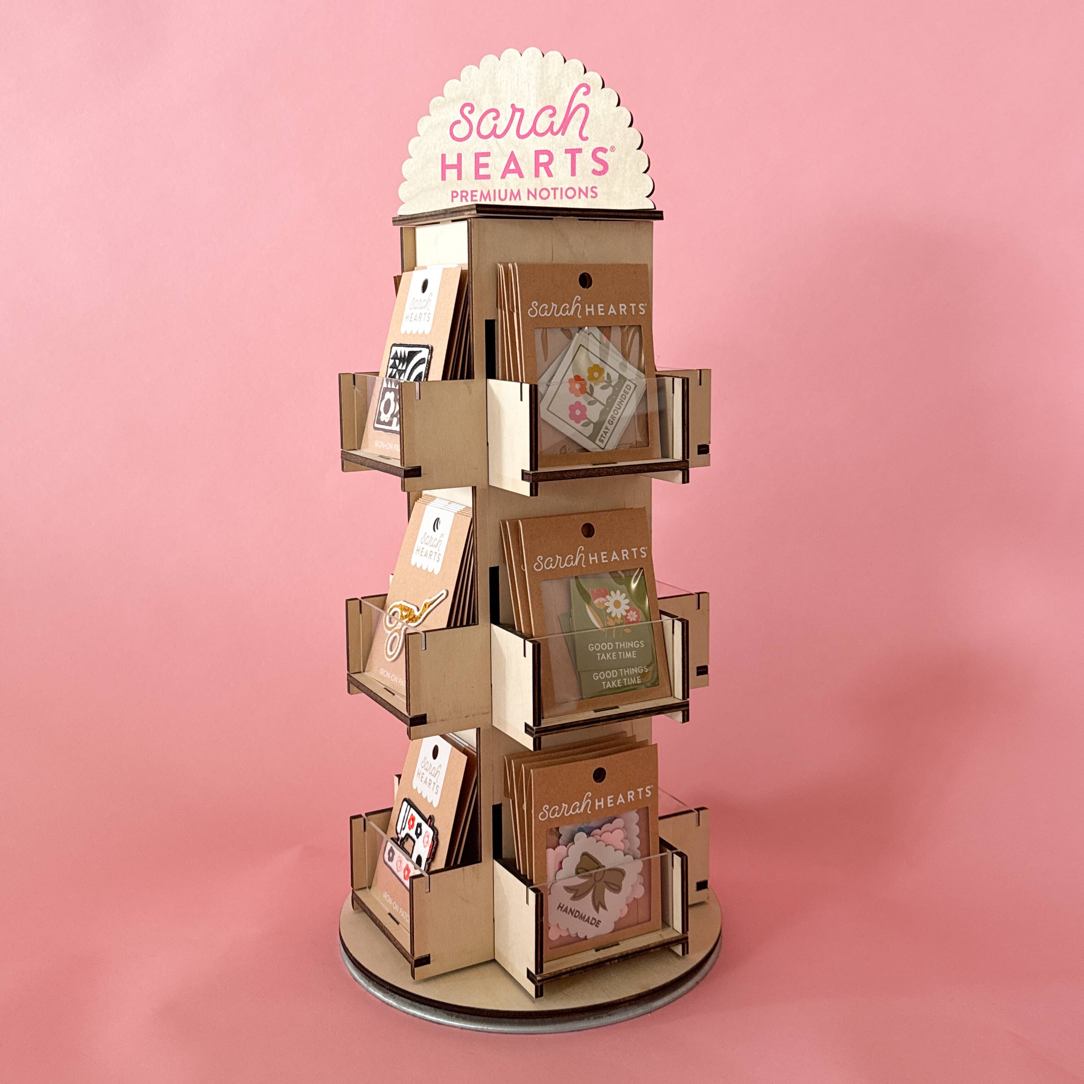Sarah Hearts – wholesale Retailer display stand/case – Table Top Rotating Label, Sticker, Patch Display Stand1