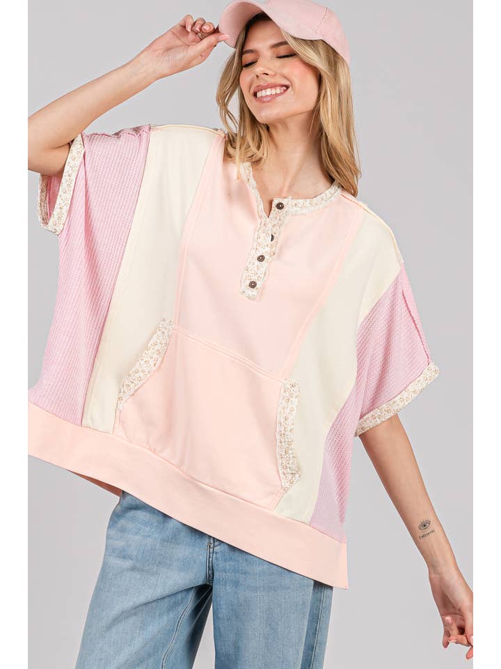 Sage + Fig - Wholesale T-Shirt - Women's - COLORBLOCK HALF BUTTON KNIT TOP (ST7641)