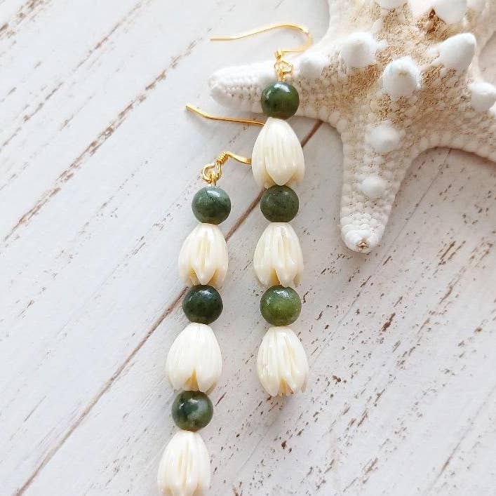 Ocean Drift Jewelry - Wholesale Dangle Earrings - Green Jade Pikake Flower Dangle Earrings