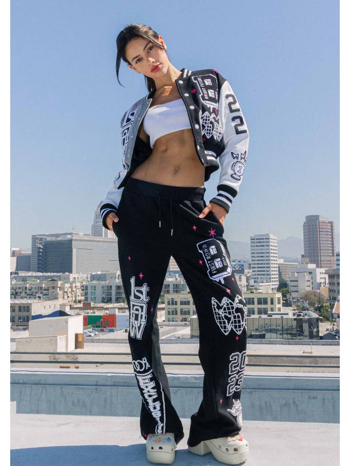 BLACK BRIGHT FUTURE CROPPED VARSITY JACKET for wholesale on Faire8