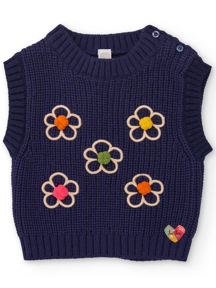 tuc tuc - Wholesale Waistcoat - Kids - Blue knitted vest for girl with floral embroidery0