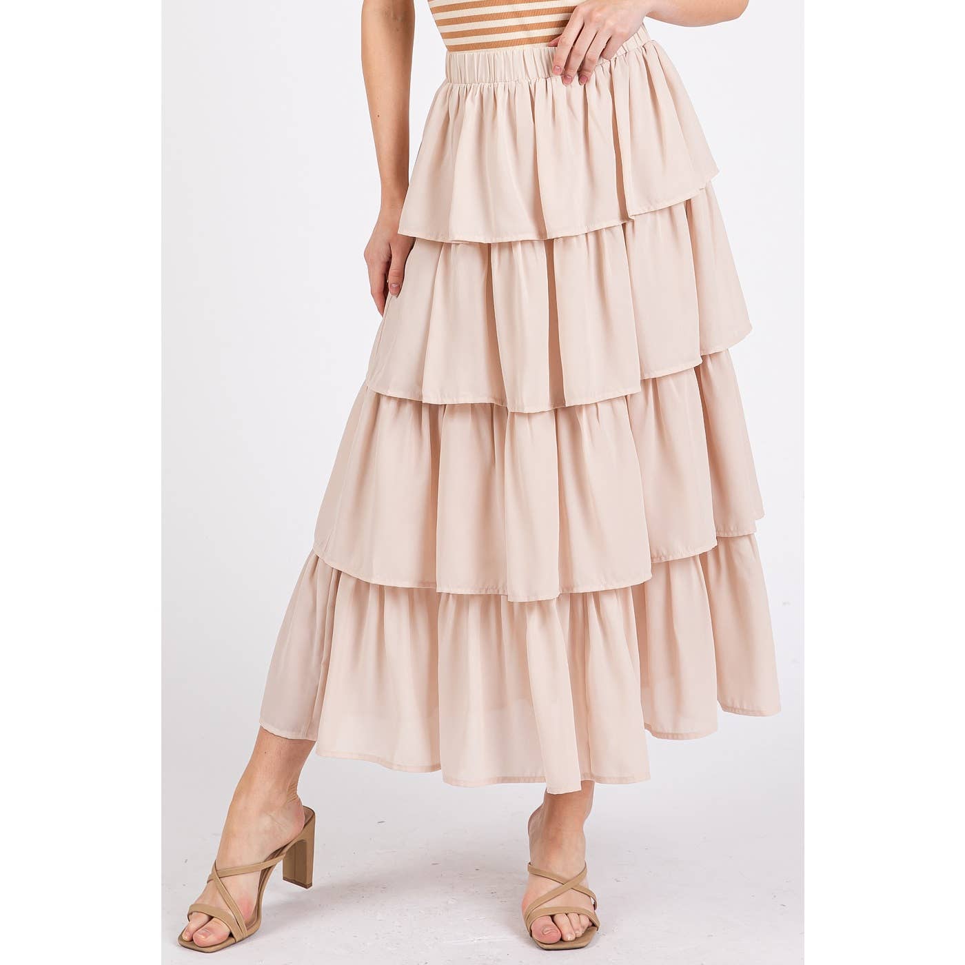 mittoshop – Engroshandel Nederdel - Dame – CHIFFON VOLANT LAGDELT ELASTISK TALJE MIDI NEDERDEL6