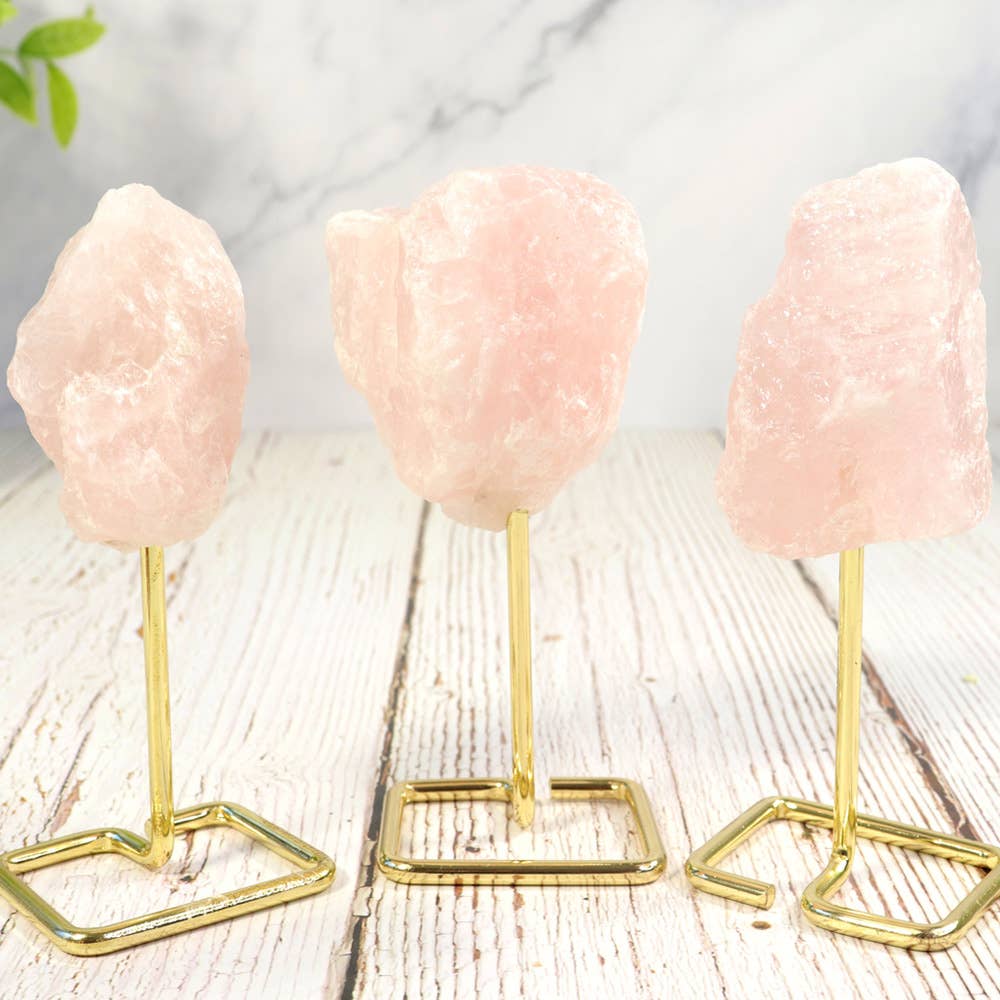 Natures Artifacts Inc - Wholesale Decorative Tabletop Object - Rose Quartz on Gold Metal Stand 1