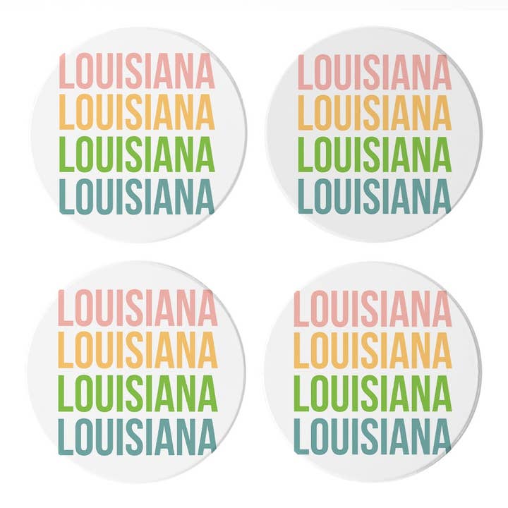 Boho Kleur Herhaalde Staatsnaam Louisiana | Absorberende Onderzetters | Set van 4 | Min 2 voor wholesale door Love Local