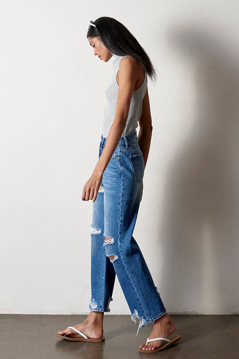AGED DARK High Rise Destructed Straight Jeans for wholesale on Faire3