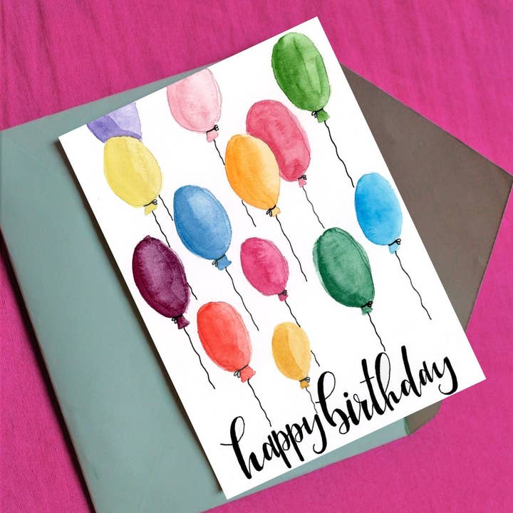 Wild Juniper Art Studio – wholesale Birthday card – Happy Birthday Card, Birthday Card, Watercolour Cards, Watercolour Birthday Card, Balloons, Hand painted Card, Calligraphy2