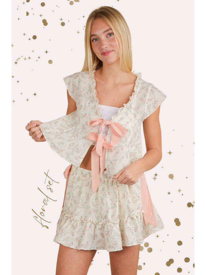 VERY J - Wholesale Blouse - Women's - NT12162-Floral Printed Front Bow Blouse Top