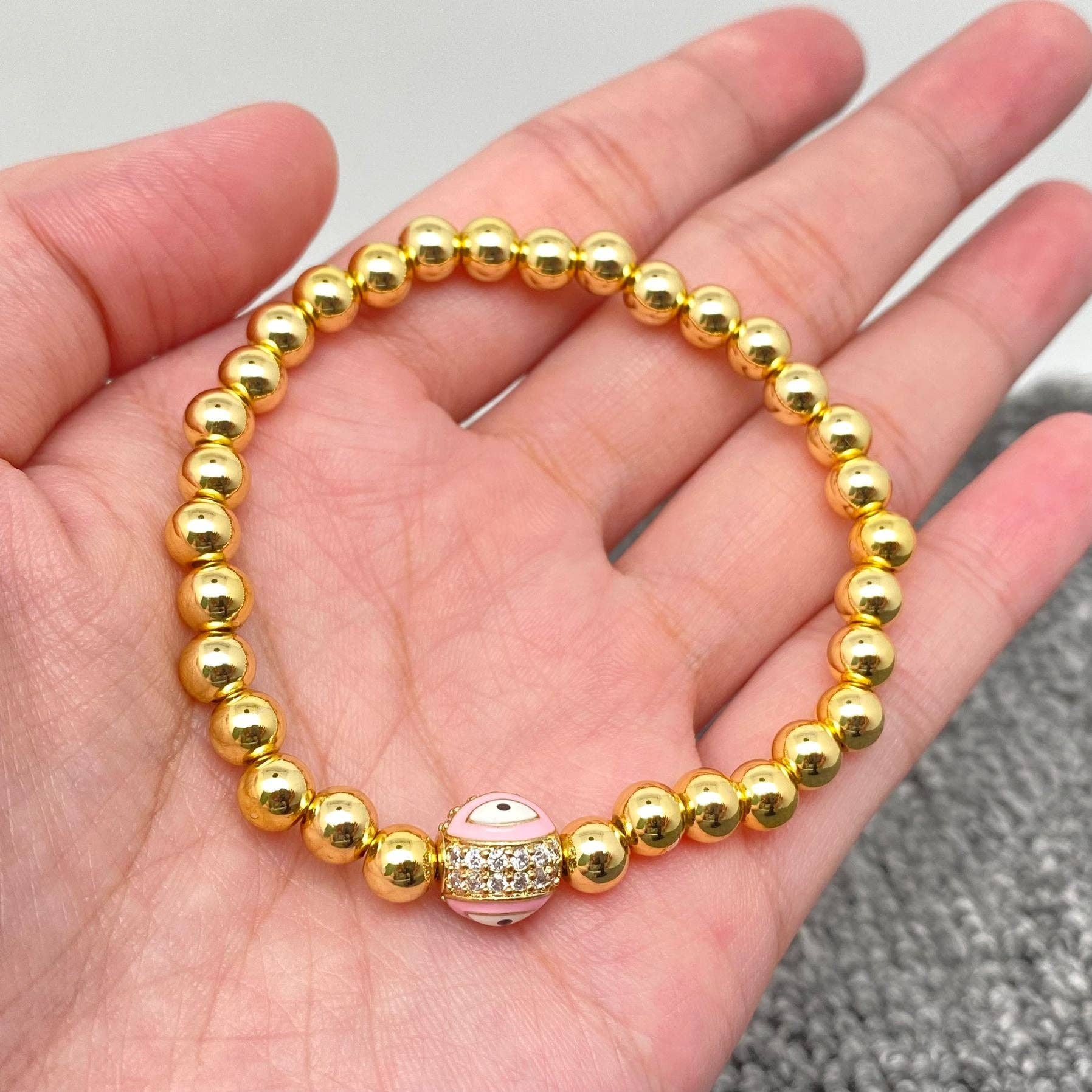 Mio Queena - Wholesale Charm/Dangle Bracelet - Triple Evil Eyes Ball Charm14K Gold Plated Elastic Bracelet3