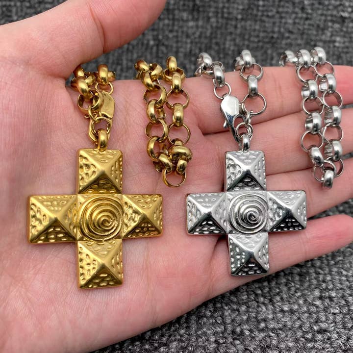 Spiral Textured Cross Charm 18K Gold Plated SS Necklace -FGS for wholesale by Mio Queena