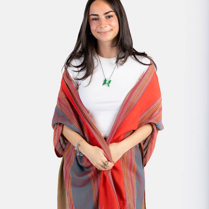 Striped Handwoven Bamboo Viscose Scarf - Red & Teal for wholesale by Dandarah (Ships from USA)