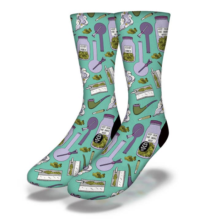 GOOD VIBES KEEP CALM Funny Weed Socks (Teal) for wholesale by Savvy Sox