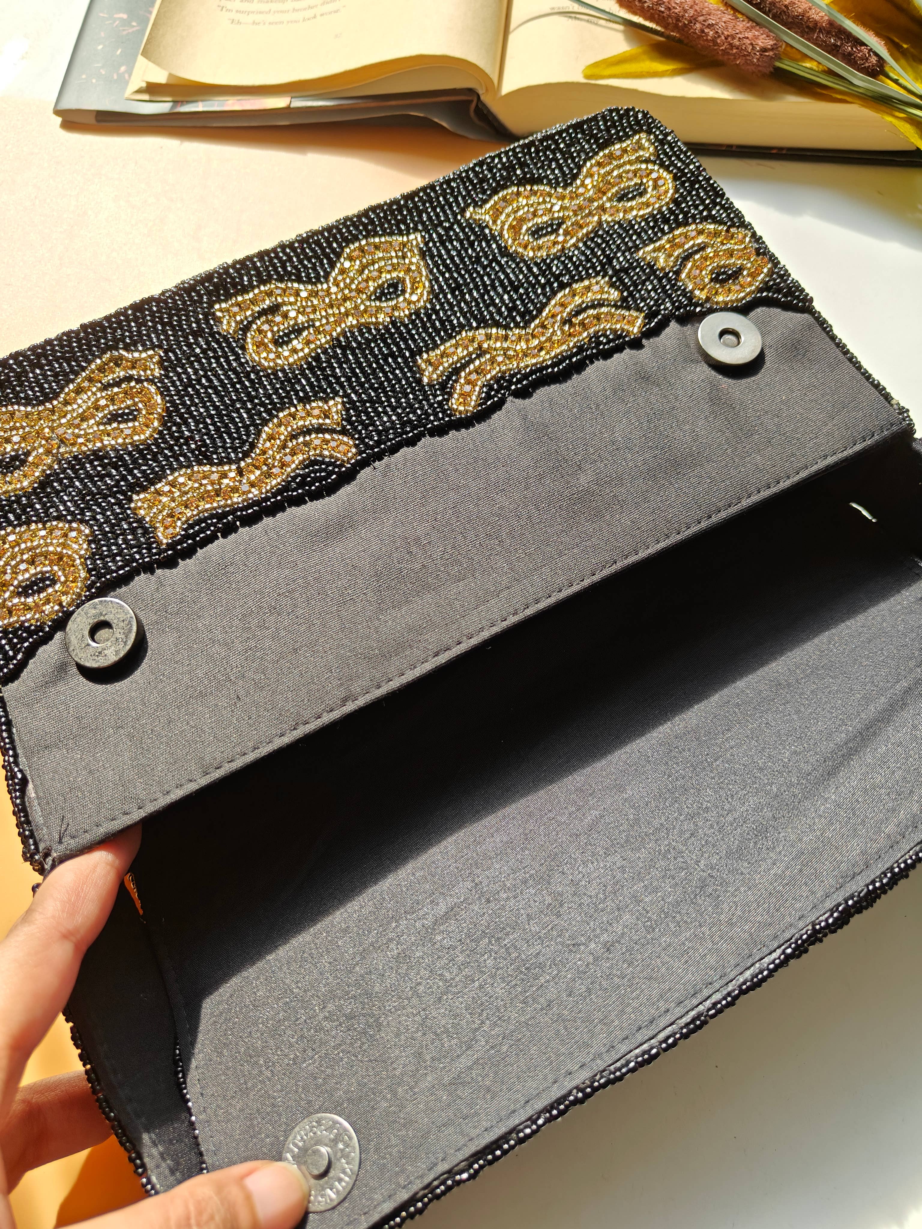 ShopHimalaya - Wholesale Shoulder Bag - Women's - Black Beaded Shoulder Bag with Gold Bow Embroidery5