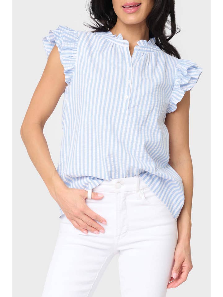 Double Flutter Sleeve Seersucker Stripe top for wholesale on Faire