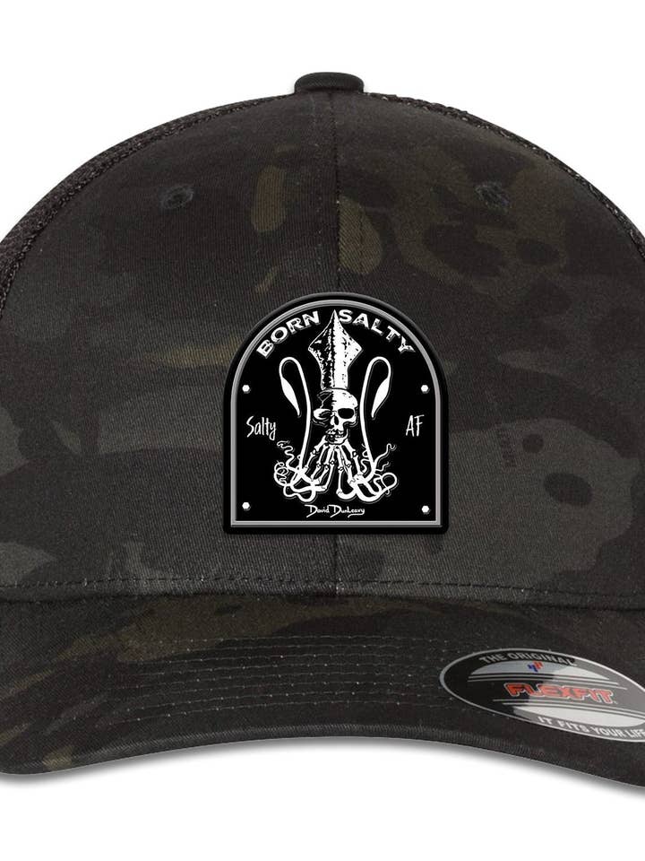 Born Salty Skull Kraken 6 Panel Trucker Snap Back Hat Multicam Black Black for wholesale by David Dunleavy