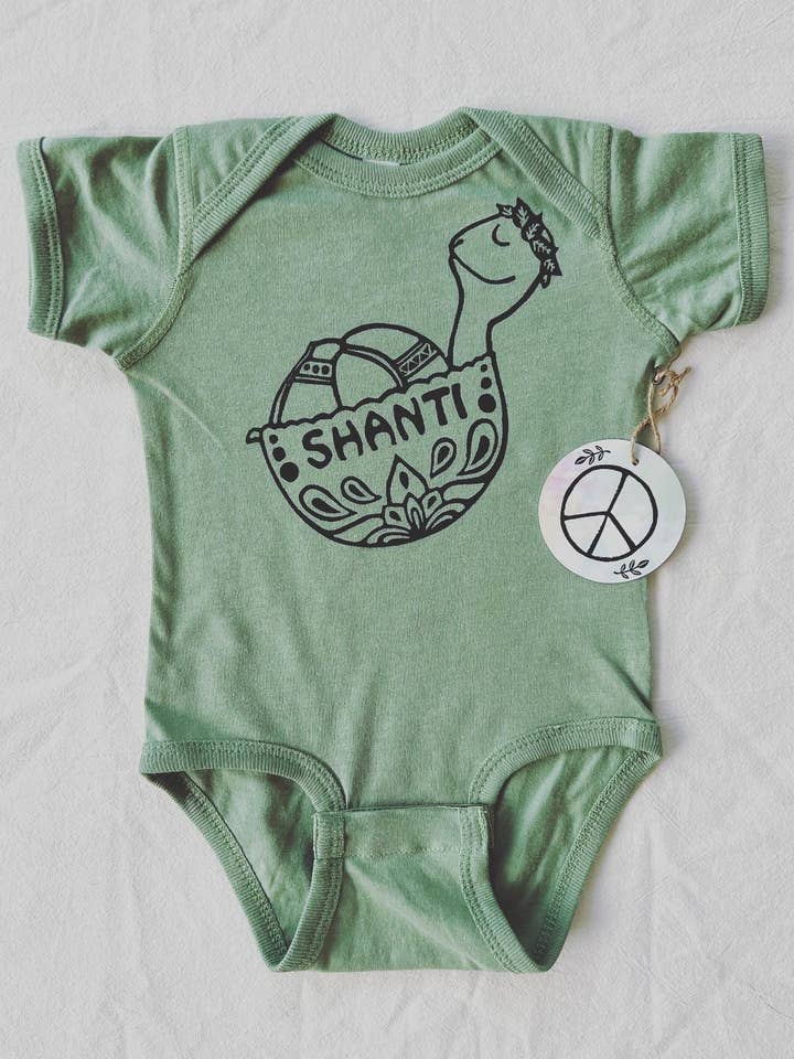 Shanti Turtle baby Bodysuit, Yoga baby outfit. for wholesale by Hippie Baby Co