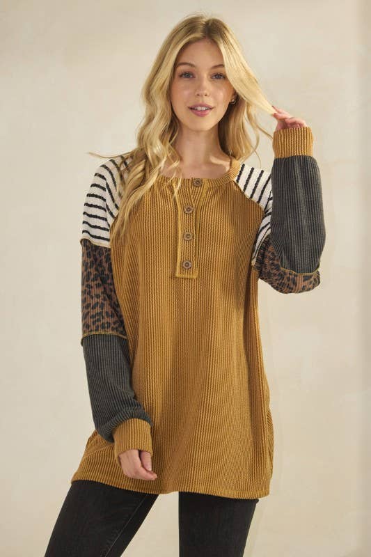 HEIMISH - Wholesale Tunic - Women's - ET7989-10 LONG SLEEVE SOLID AND PRINT URBAN RIB CONTRAST TOP8