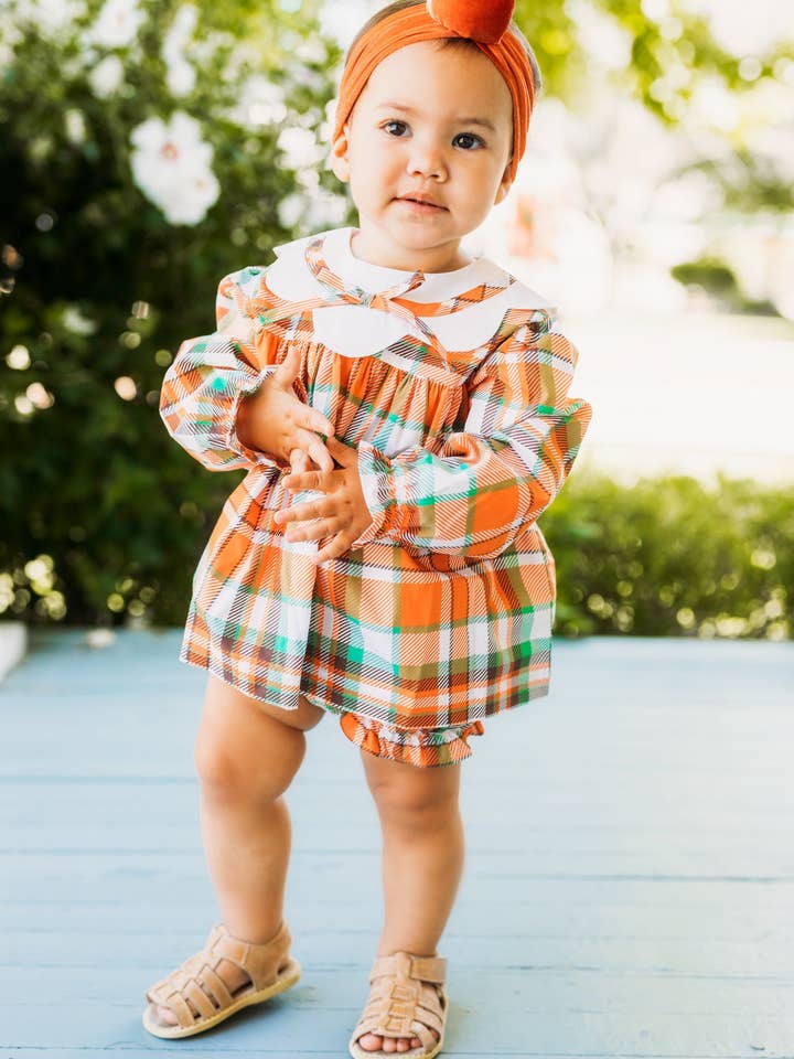 Posh Pickle - Wholesale Dress Set - Baby - Autumn Plaid Scalloped Bishop Collar Dress & Bloomer Set