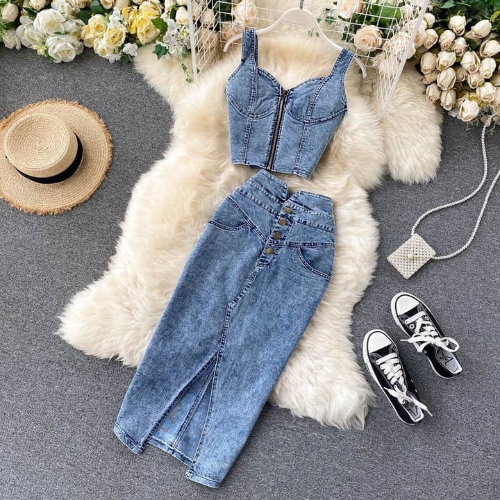 Set van korte camisole tanktop met high-waist denim minirok voor wholesale door UZ Wholesale Store