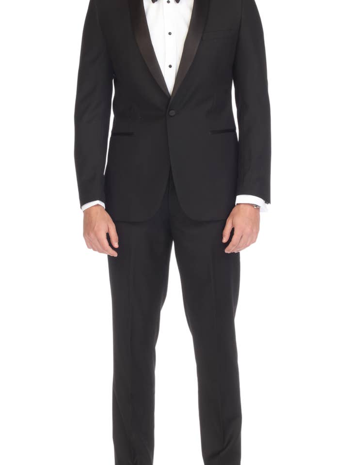 Ferrecci Set da smoking da uomo Reno nero slim fit con risvolto scialle 2 pezzi per la vendita all'ingrosso da parte di Ferrecci