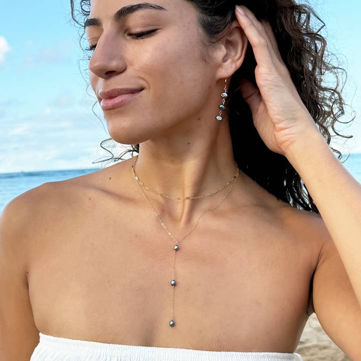 Kahakai Dainty Gray Freshwater Pearl Triple Earrings for wholesale by Debby Sato Designs