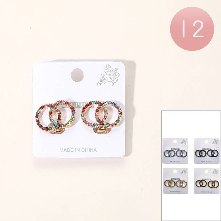 Sensibling Corp. - Wholesale Clip-On Earrings - 12Pairs - Stone Paved Double Circle Clip On Earrings