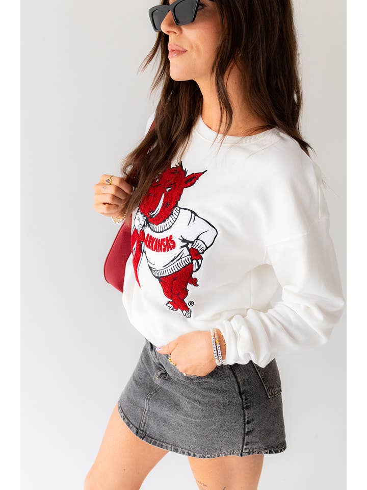 WHITE Arkansas Mascot Chenille Comfort Crew for wholesale on Faire1