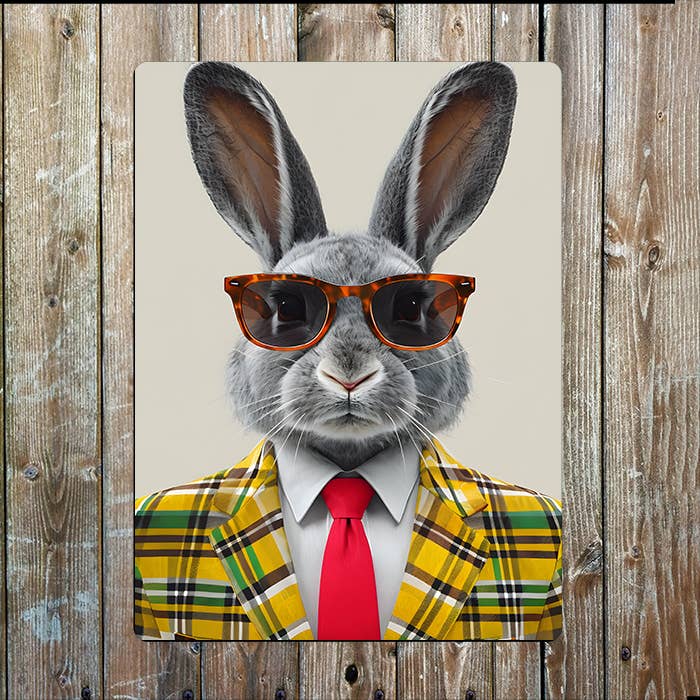 Grey Rabbit In A Suit Clothes Metal Sign Plaque for wholesale by The British Metal Signs Company