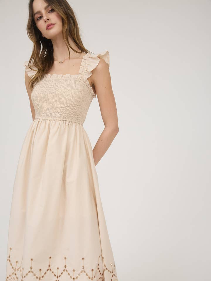 Blu Pepper - Vente Robe – femme - ROBE MIDI À OURLET BRODÉ ANGLAIS AVEC MANCHES VOLANTÉES SMOCKÉES