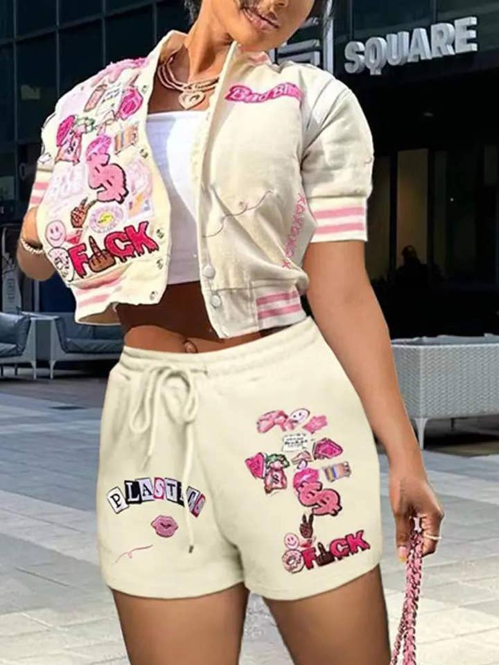 Flarix - Wholesale Top & Short Set (NOT Loungewear) - Women's - letter graphic pattern baseball top shorts set4